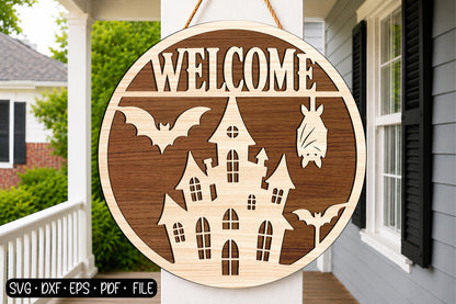 Halloween Welcome Round Sign SVG | Haunted Castle & Bat Laser Cut