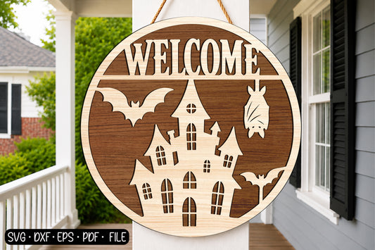 Halloween Welcome Round Sign SVG | Haunted Castle & Bat Laser Cut