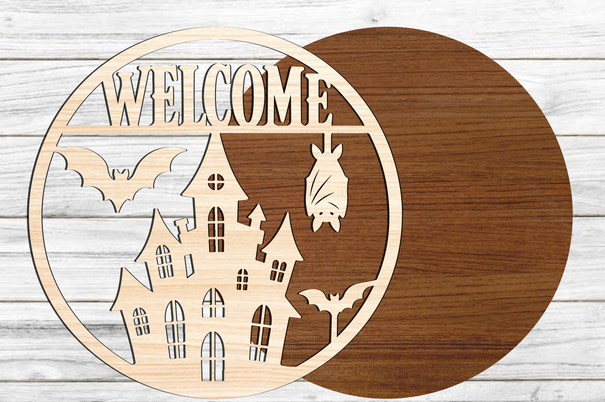 Halloween Welcome Round Sign SVG | Haunted Castle & Bat Laser Cut