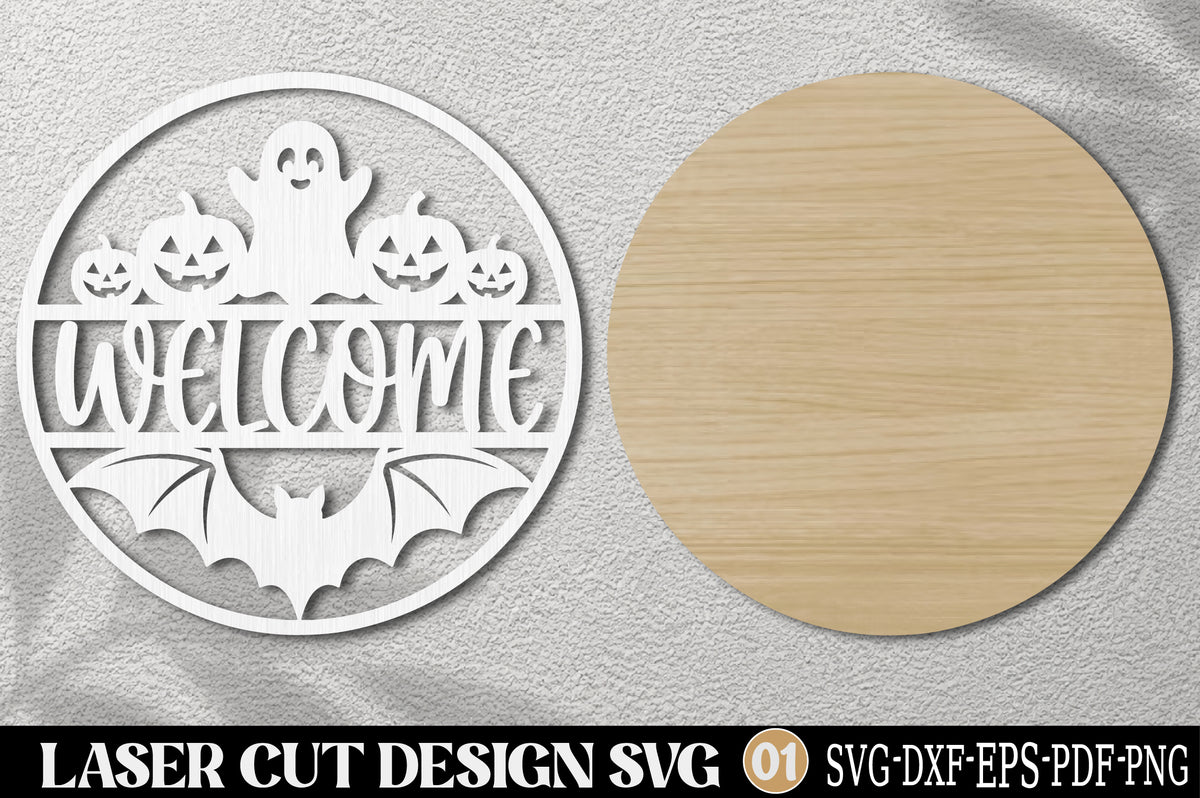 Halloween Welcome Sign Laser Cut SVG | Ghost Pumpkin Bat Door Decor