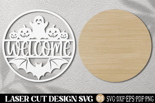Halloween Welcome Sign Laser Cut SVG | Ghost Pumpkin Bat Door Decor