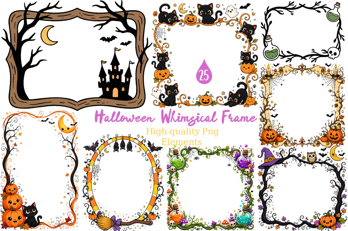 Halloween Whimsical Frame Clipart Bundle 25 PNG