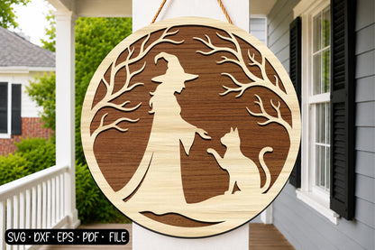 Halloween Witch Cat SVG | Witch & Cat Round Laser Cut Design