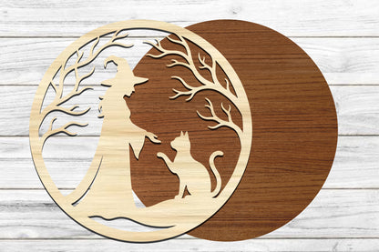 Halloween Witch Cat SVG | Witch & Cat Round Laser Cut Design