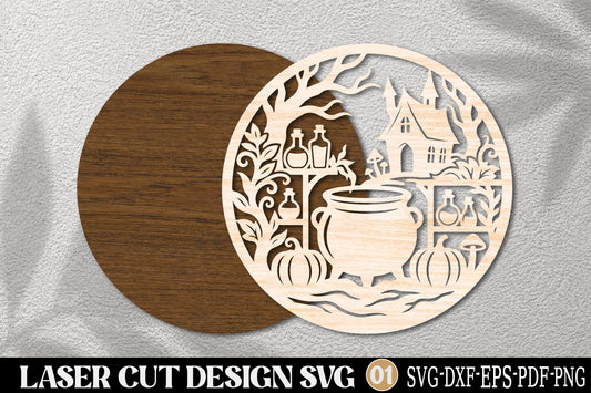 Halloween Witch Cauldron Laser Cut SVG | Spooky Potion Witchcraft Halloween Ornament Design