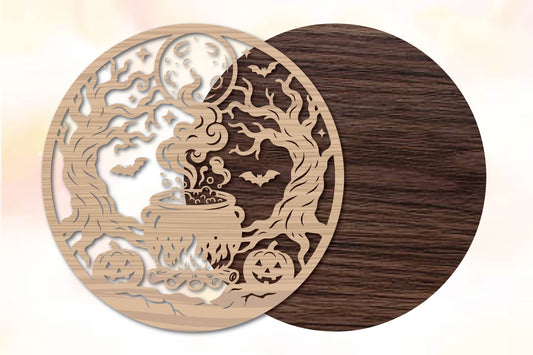 Halloween Witch Cauldron Moon Laser Cut SVG