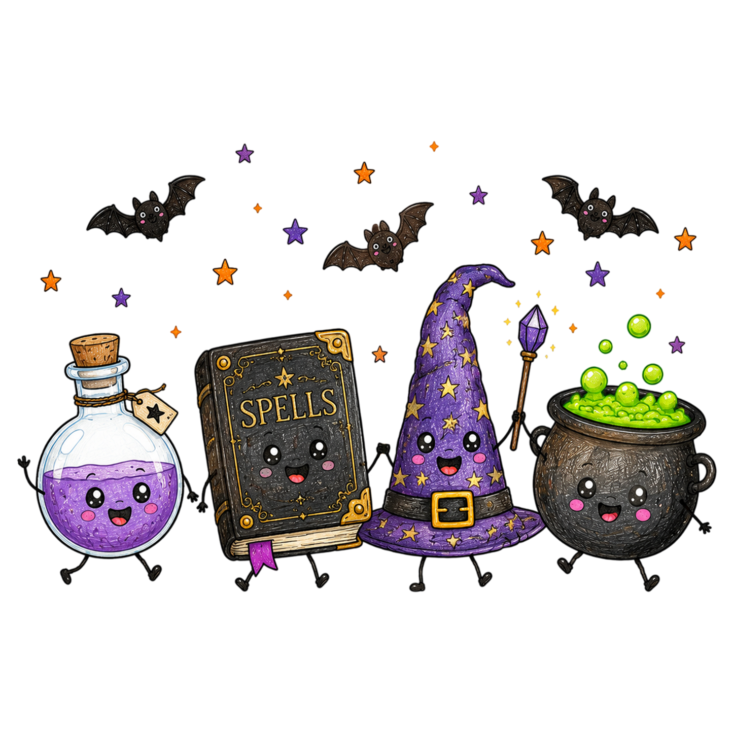 Cute Halloween Witch Essentials PNG Bundle – Witch Hat Cauldron Spells Book Potion Clipart