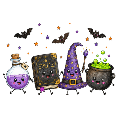 Cute Halloween Witch Essentials PNG Bundle – Witch Hat Cauldron Spells Book Potion Clipart