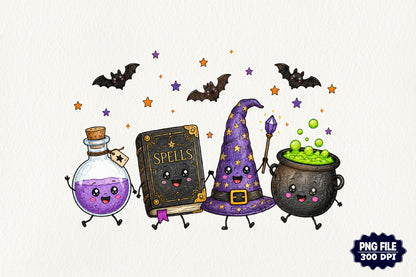 Cute Halloween Witch Essentials PNG Bundle – Witch Hat Cauldron Spells Book Potion Clipart