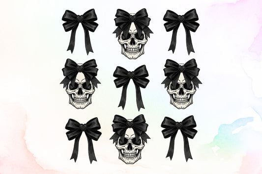 Black Gothic Bow Skull Clipart Halloween Spooky PNG Bundle