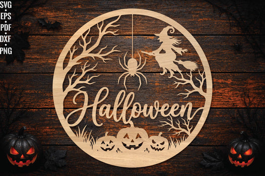 Halloween Witch Round Laser Cut SVG, Witch Pumpkin Halloween Sign, Spooky Halloween Cut File