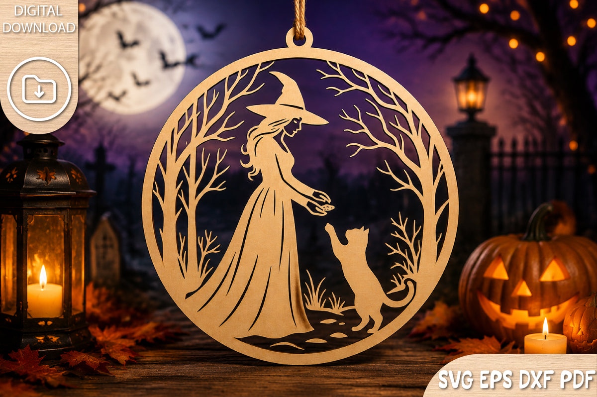 Halloween Witch & Cat SVG Laser Cut