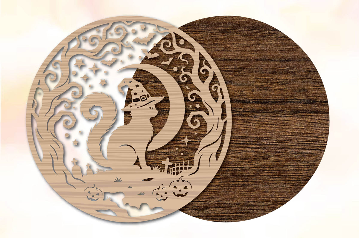 Halloween Witch & Cat Moon Laser Cut SVG