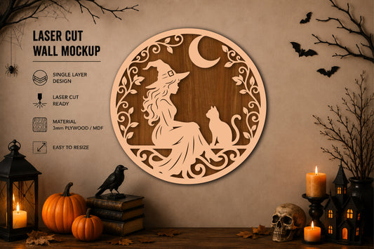 Halloween Witch and Black Cat Laser Cut SVG