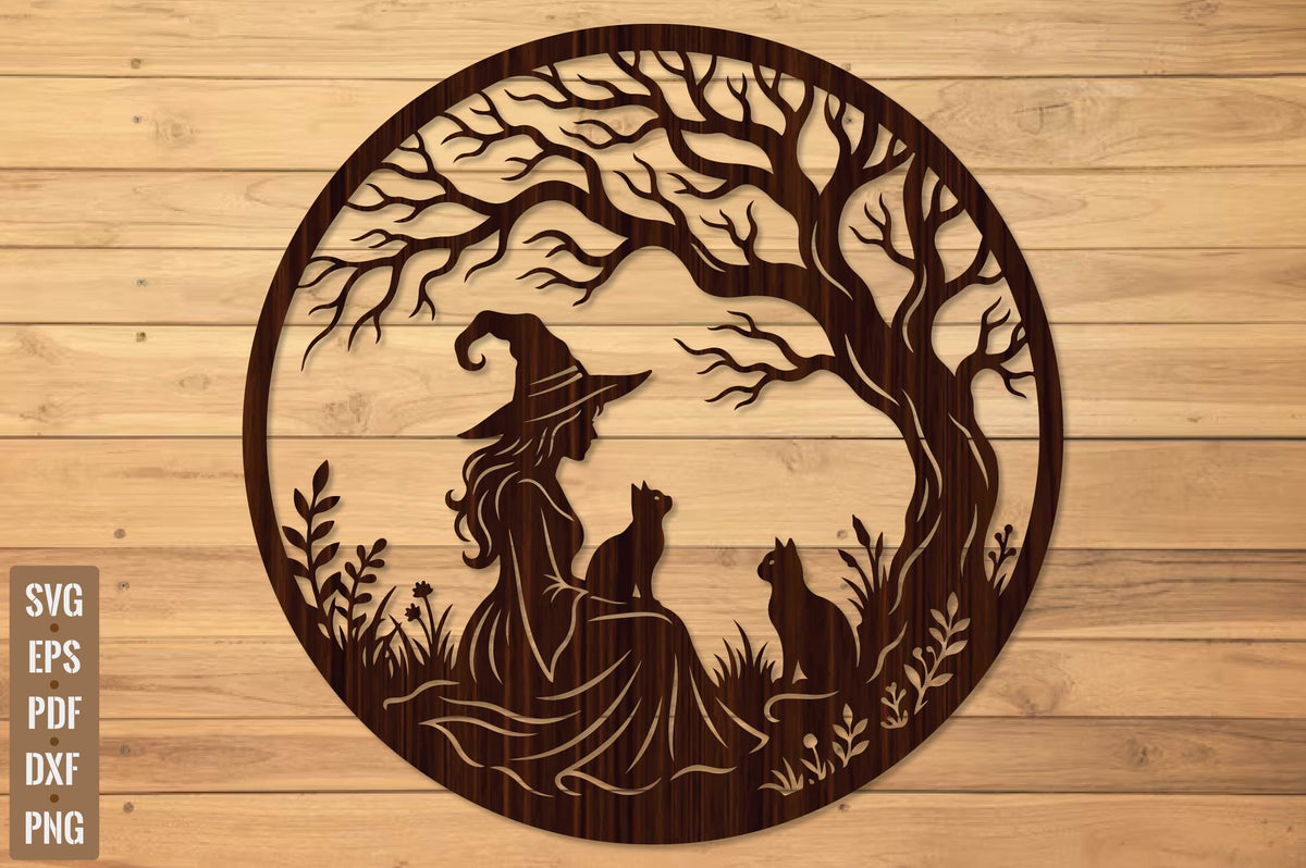 Halloween Witch and Cats Laser Cut SVG, Witch Under Tree, Gothic Halloween Wall Art Cut File