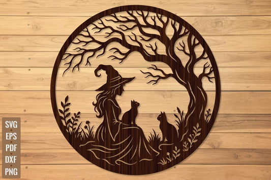 Halloween Witch and Cats Laser Cut SVG, Witch Under Tree, Gothic Halloween Wall Art Cut File