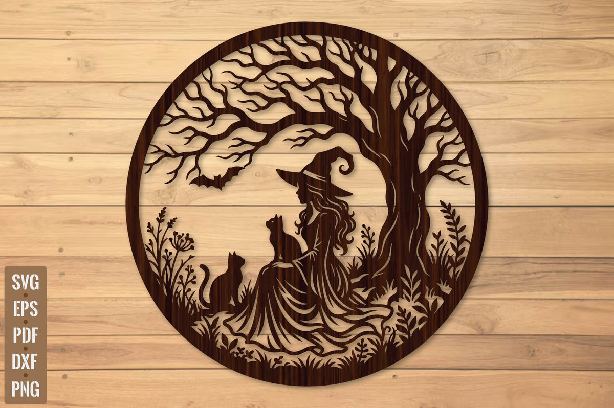 Halloween Witch and Cats Laser Cut SVG, Witch Cat Moon Wall Decor, Spooky Halloween Cut File