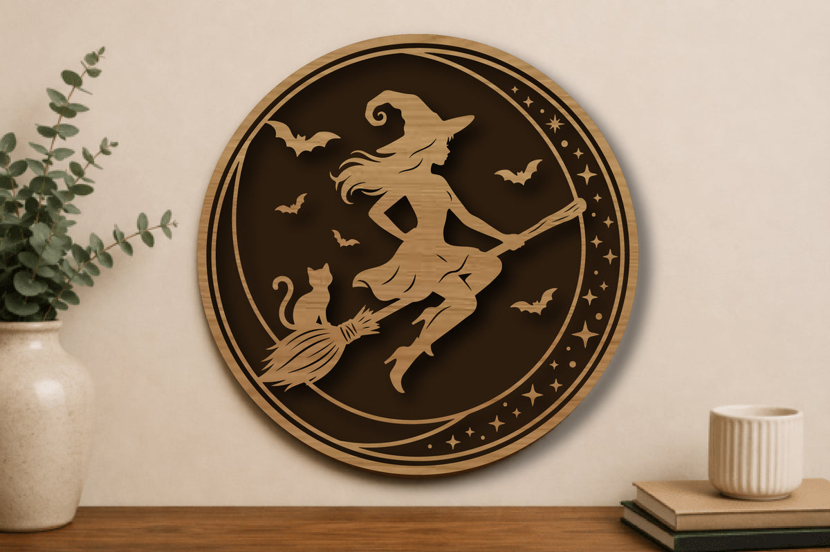 Halloween Witch on Broom Round Laser Cut SVG