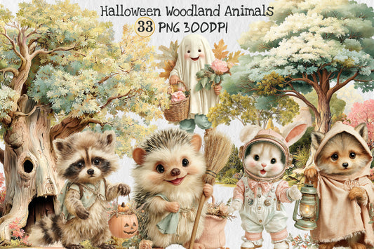 Halloween Woodland Animals PNG Bundle Cute Ghost Fall Animal Clipart