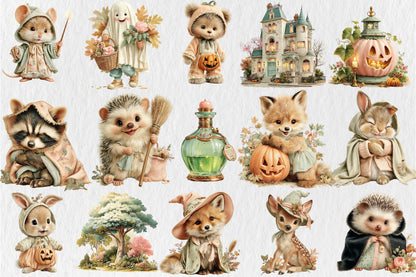 Halloween Woodland Animals PNG Bundle Cute Ghost Fall Animal Clipart
