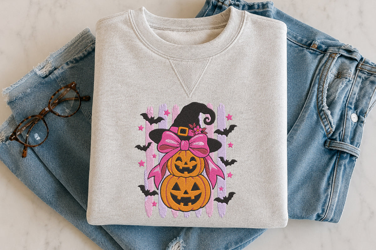 Pink Witch Pumpkin Embroidery Design