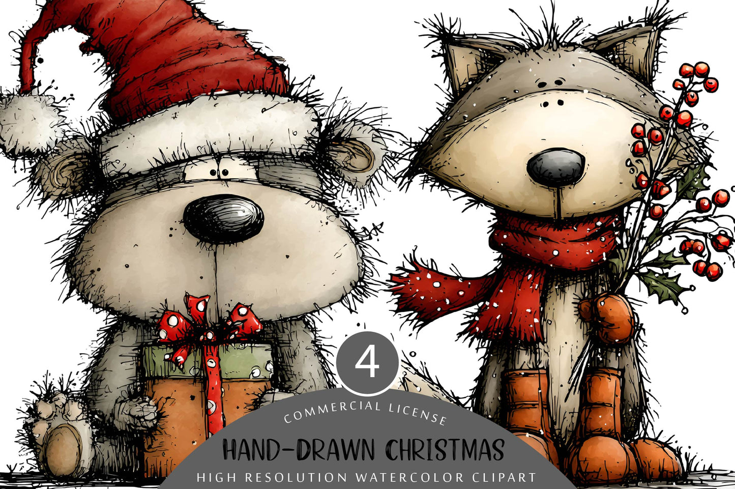 Hand Drawn Christmas Animals Clipart PNG Watercolor Woodland Animals