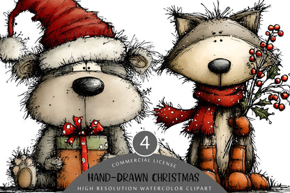 Hand Drawn Christmas Animals Clipart PNG Watercolor Woodland Animals