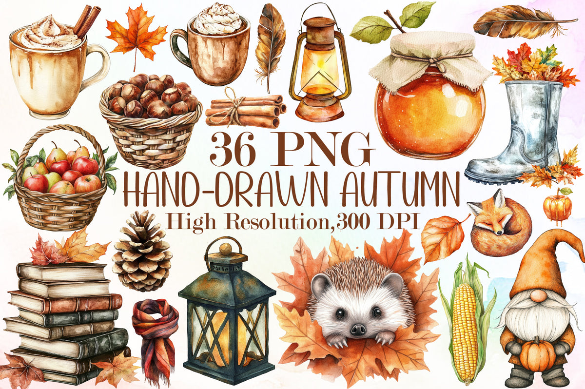 Hand Drawn Autumn Clipart Fall Cozy Harvest PNG Bundle