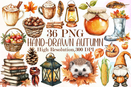 Hand Drawn Autumn Clipart Fall Cozy Harvest PNG Bundle