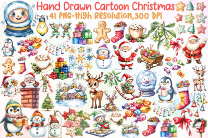 Hand Drawn Cartoon Christmas Clipart Cute Holiday PNG Bundle