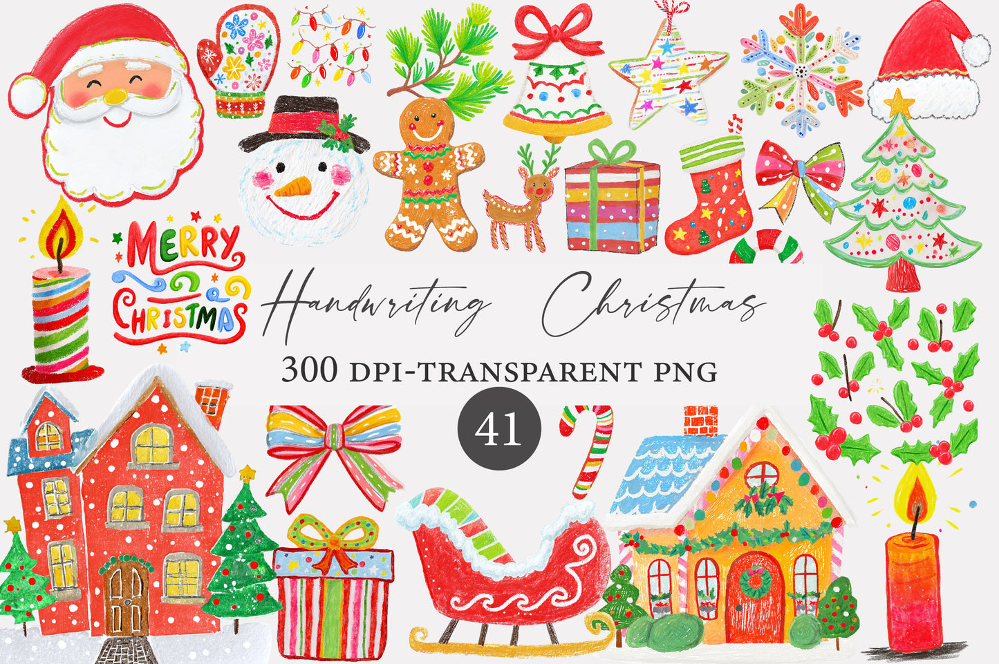 Hand Drawn Christmas Clipart Bundle 41 PNG Handwriting Holiday