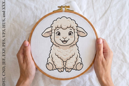 Happy Baby Sheep Embroidery Design – Cute Smiling Lamb Machine Embroidery Pattern, Adorable Farm Animal Embroidery Design