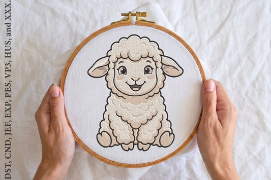 Happy Baby Sheep Embroidery Design – Cute Smiling Lamb Machine Embroidery Pattern, Adorable Farm Animal Embroidery Design