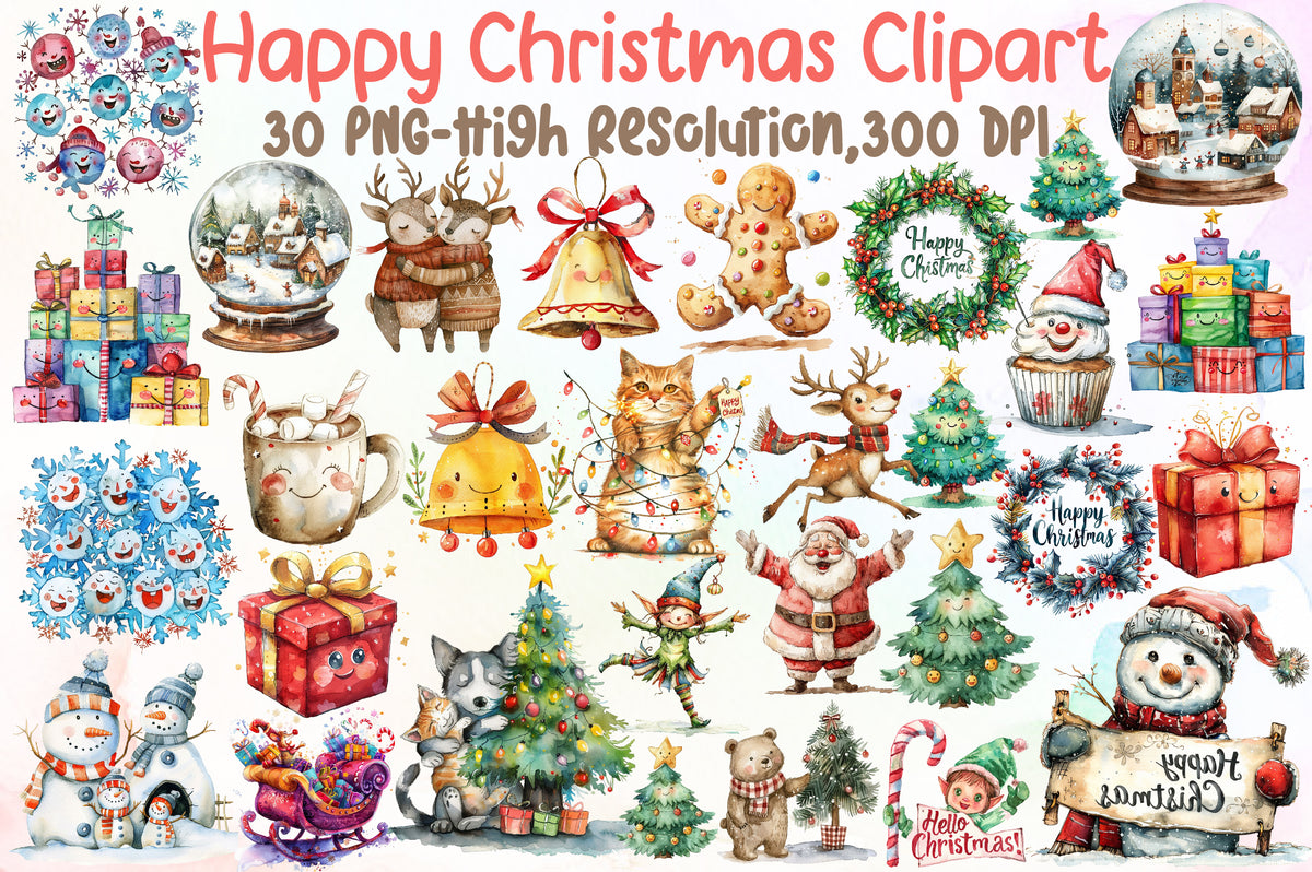 Happy Christmas Clipart Hand Drawn Cute Holiday PNG Bundle