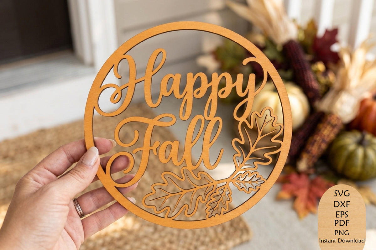 Happy Fall Round Sign Laser Cut SVG, Autumn Leaves Fall Door Decor Cut File