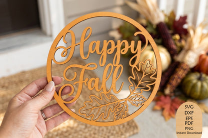 Happy Fall Round Sign Laser Cut SVG, Autumn Leaves Fall Door Decor Cut File