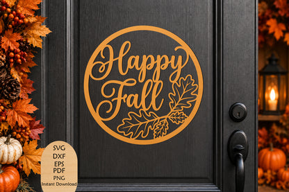 Happy Fall Round Sign Laser Cut SVG, Autumn Leaves Fall Door Decor Cut File