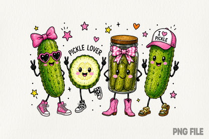 Happy Funny Pickle Doodle PNG | Cute Pickle Lover Pink Bow Cowgirl Boots Kawaii Food Clipart | Sublimation Design