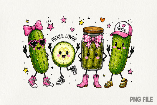 Happy Funny Pickle Doodle PNG | Cute Pickle Lover Pink Bow Cowgirl Boots Kawaii Food Clipart | Sublimation Design