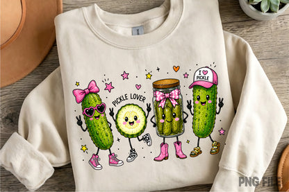Happy Funny Pickle Doodle PNG | Cute Pickle Lover Pink Bow Cowgirl Boots Kawaii Food Clipart | Sublimation Design