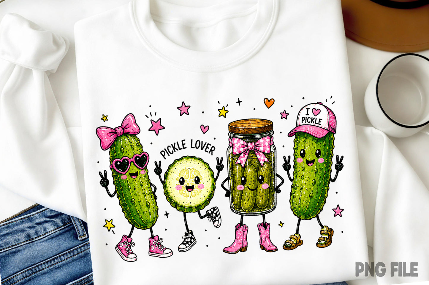 Happy Funny Pickle Doodle PNG | Cute Pickle Lover Pink Bow Cowgirl Boots Kawaii Food Clipart | Sublimation Design