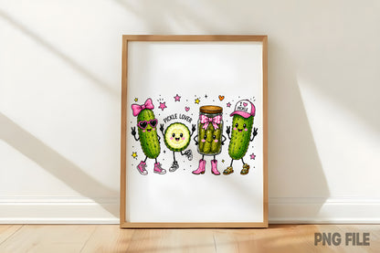 Happy Funny Pickle Doodle PNG | Cute Pickle Lover Pink Bow Cowgirl Boots Kawaii Food Clipart | Sublimation Design