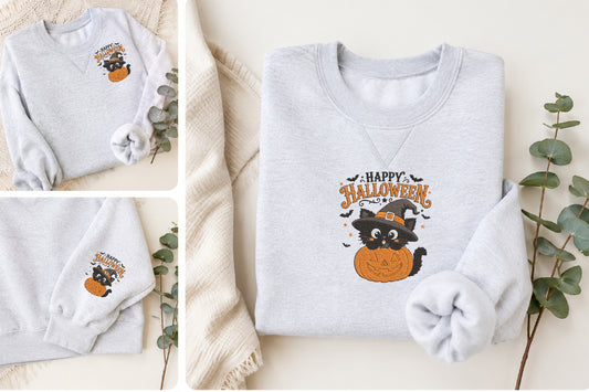 Happy Halloween Black Cat Embroidery Design – Cute Spooky Black Cat Machine Embroidery Pattern, Halloween Embroidery Design