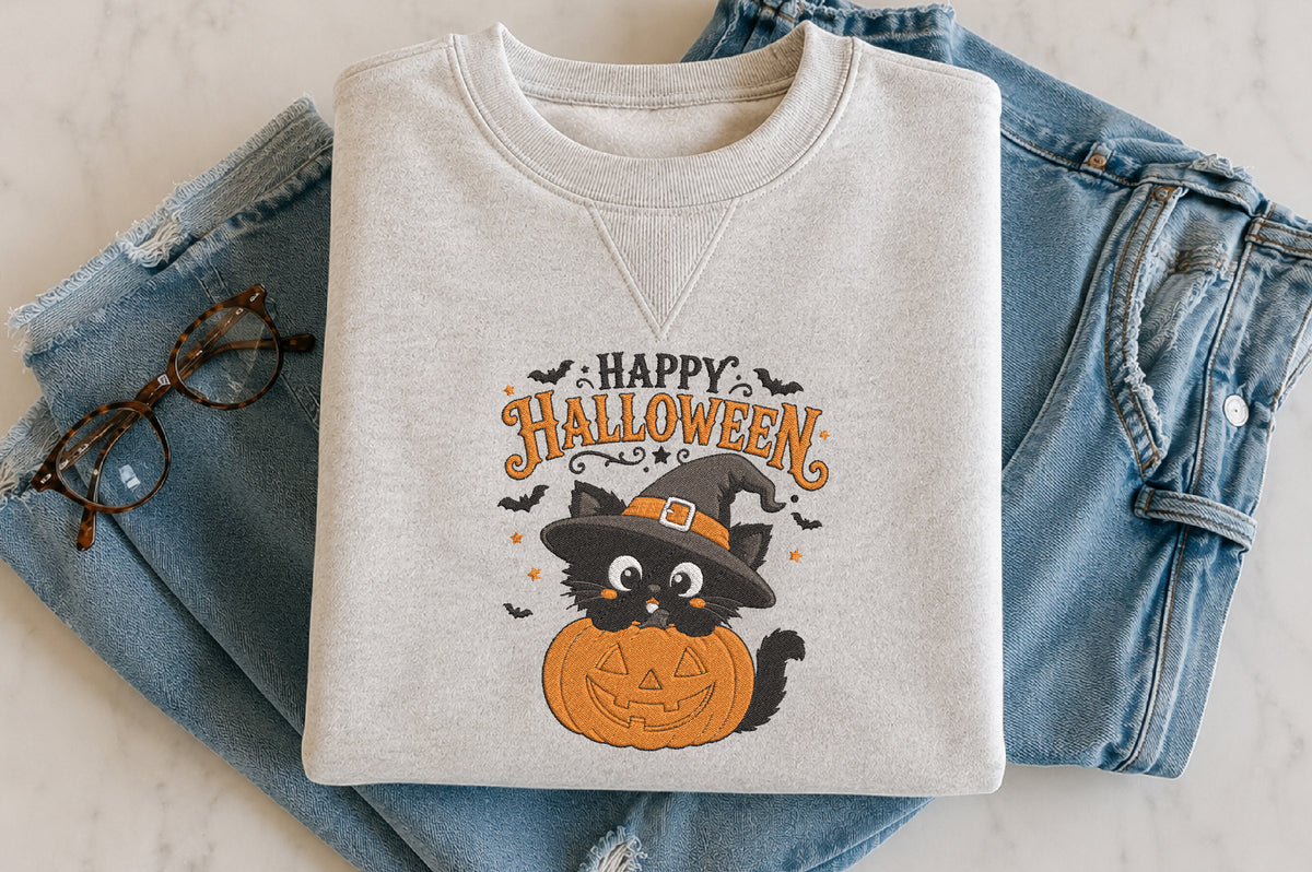 Happy Halloween Black Cat Embroidery Design – Cute Spooky Black Cat Machine Embroidery Pattern, Halloween Embroidery Design