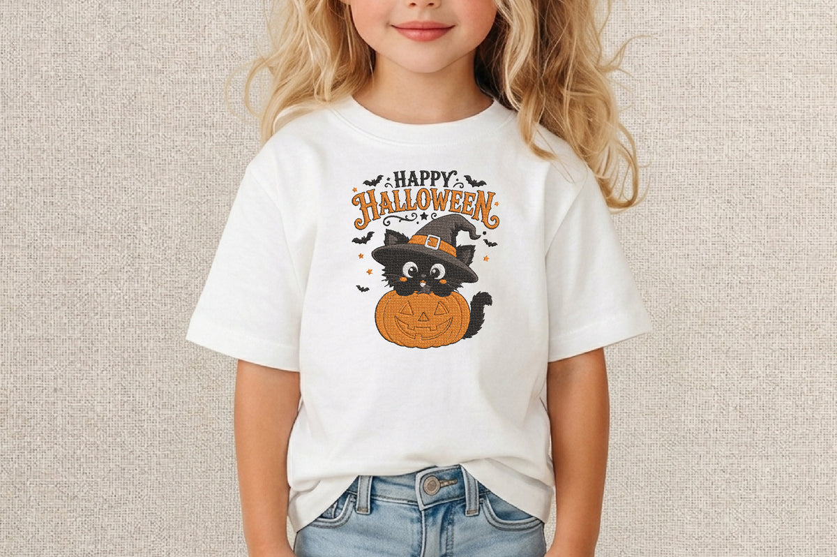 Happy Halloween Black Cat Embroidery Design – Cute Spooky Black Cat Machine Embroidery Pattern, Halloween Embroidery Design