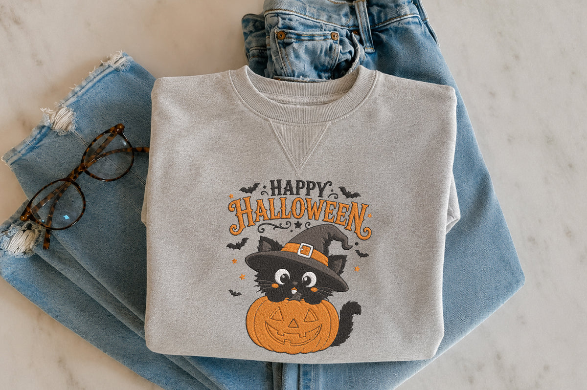 Happy Halloween Black Cat Embroidery Design – Cute Spooky Black Cat Machine Embroidery Pattern, Halloween Embroidery Design