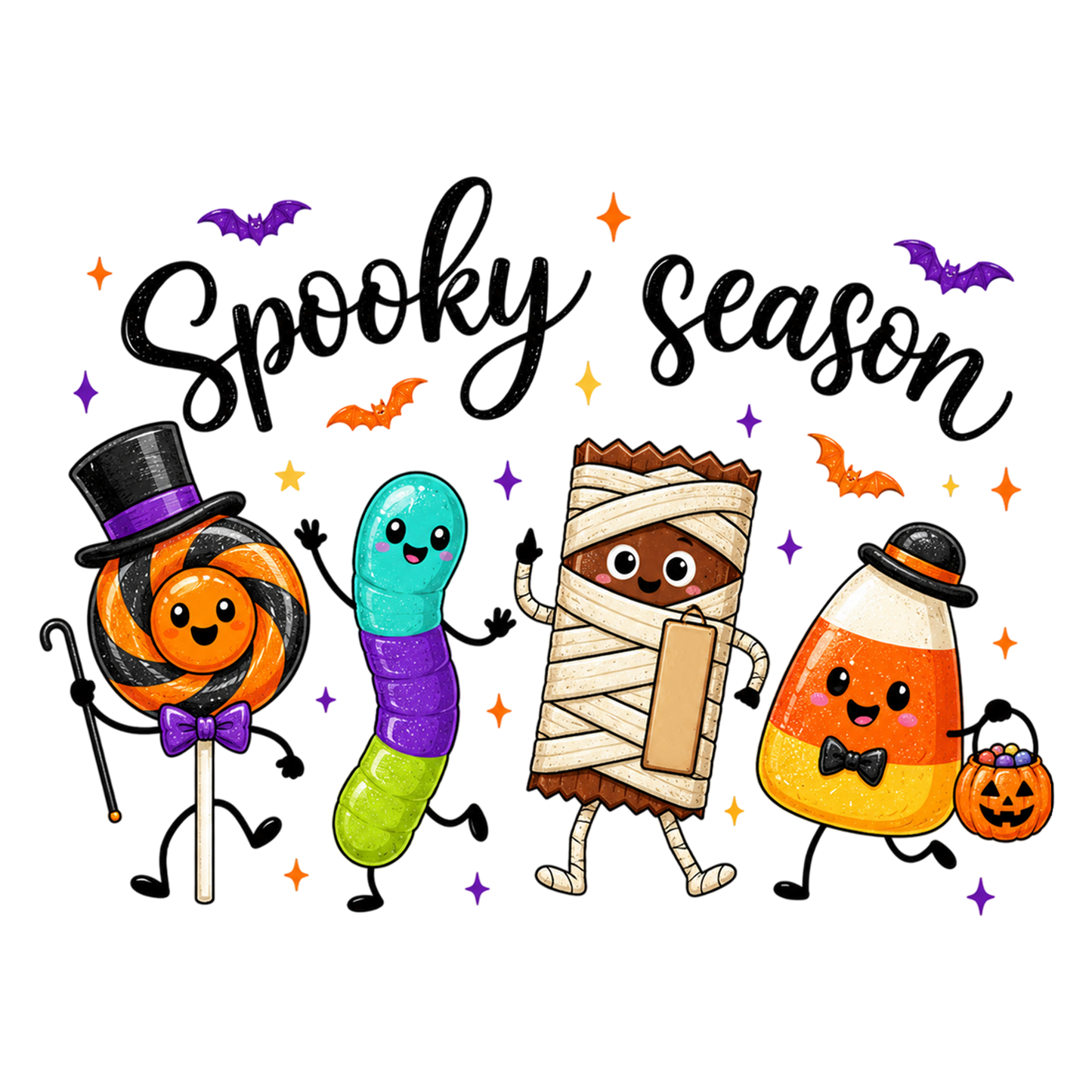Spooky Season Halloween PNG | Cute Candy Halloween Characters, Lollipop, Worm, Mummy & Candy Corn Clipart | Sublimation Design