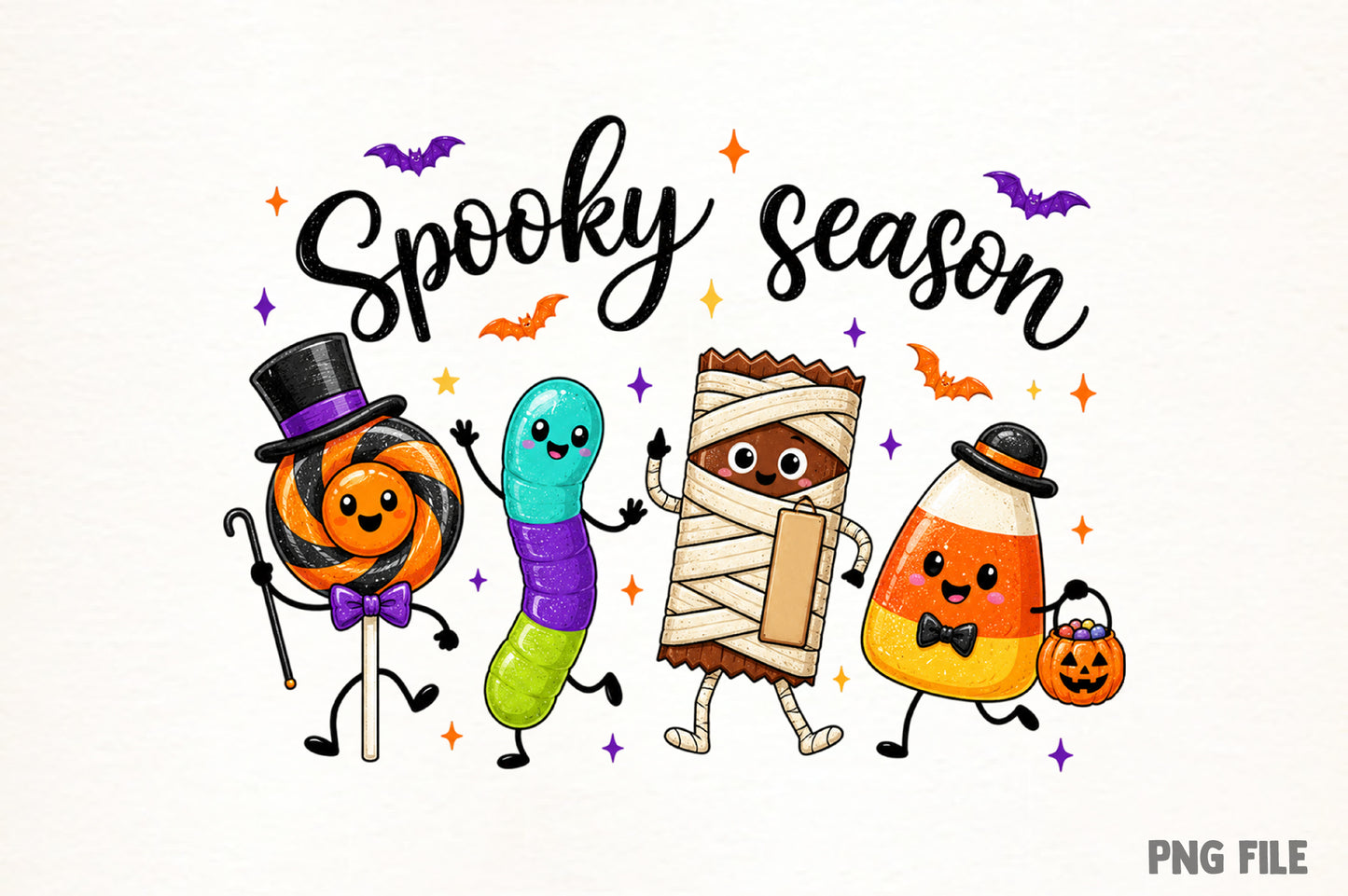 Spooky Season Halloween PNG | Cute Candy Halloween Characters, Lollipop, Worm, Mummy & Candy Corn Clipart | Sublimation Design