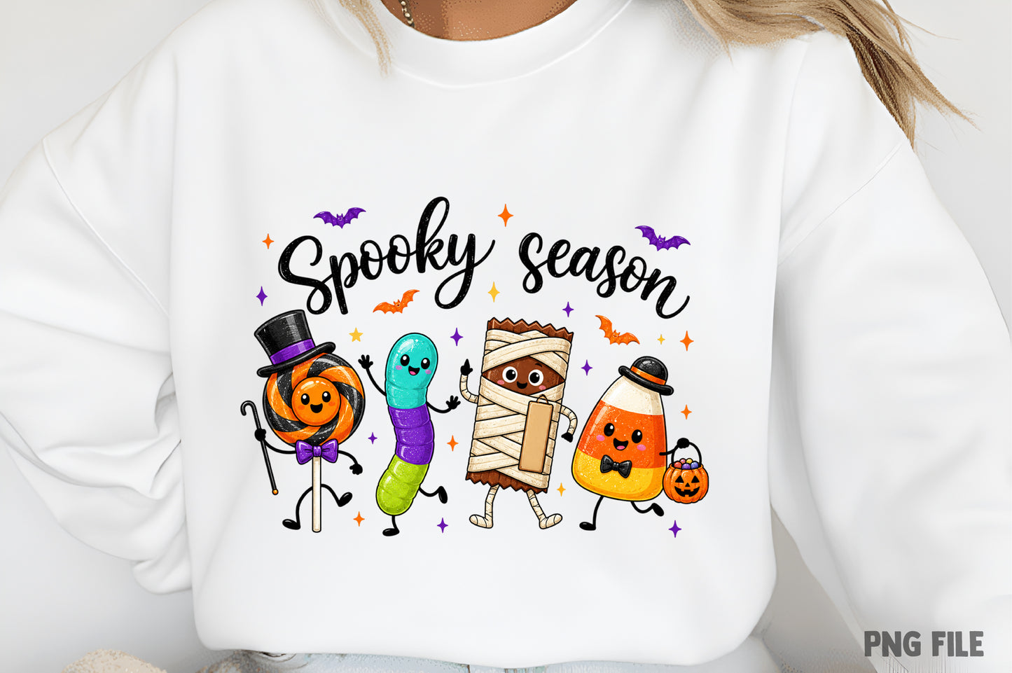 Spooky Season Halloween PNG | Cute Candy Halloween Characters, Lollipop, Worm, Mummy & Candy Corn Clipart | Sublimation Design