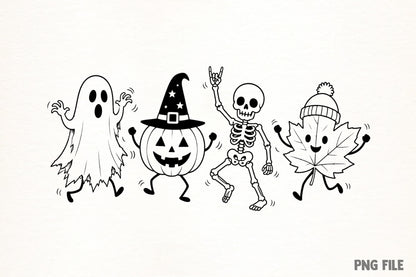 Happy Halloween Doodle PNG | Cute Ghost Pumpkin Skeleton & Fall Leaf Clipart | Spooky Halloween Graphic